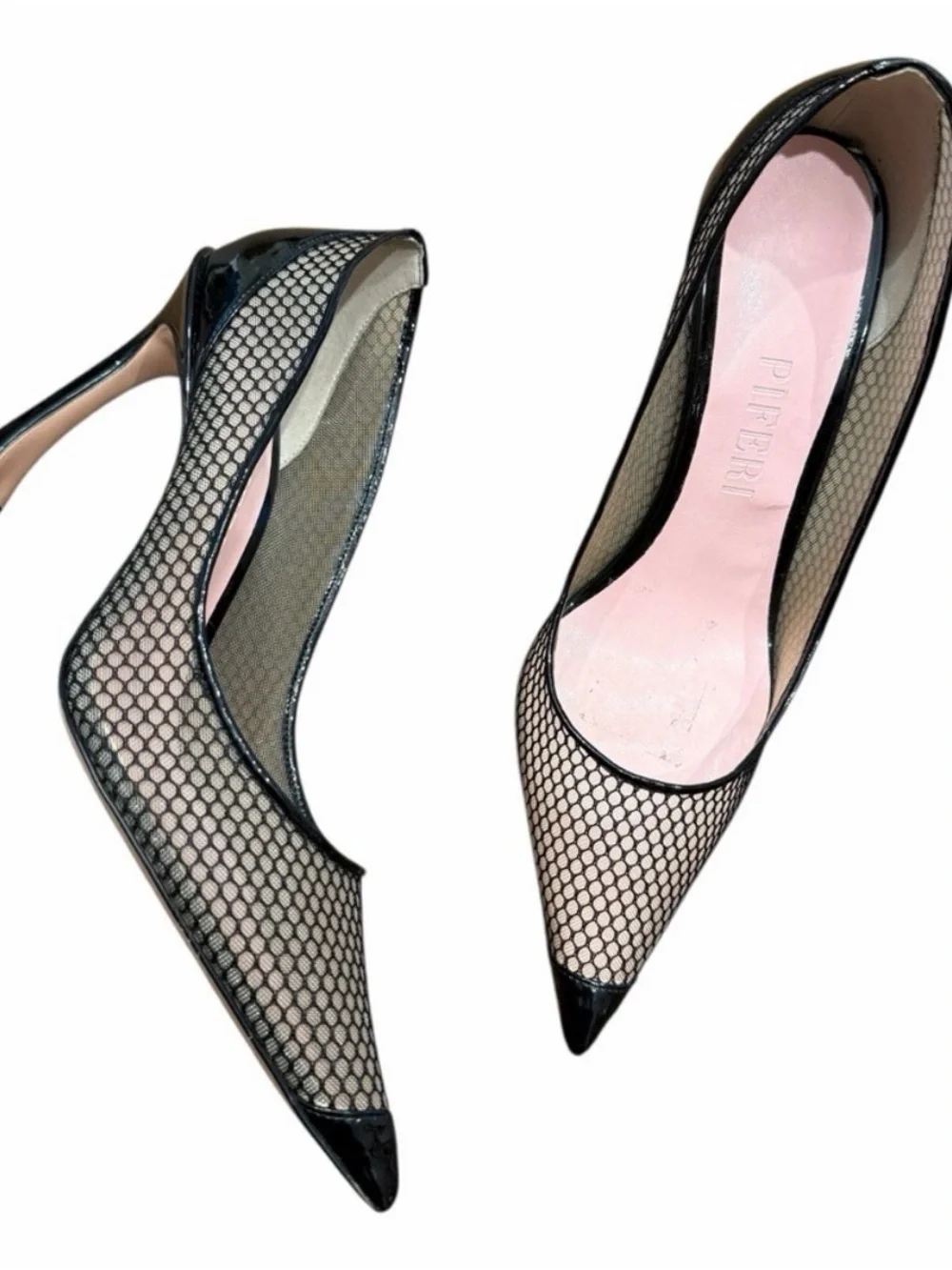 Piferi Avangarda 85 Black Mesh Pointed-Toe Heel Pumps with Patent Trim EUR 38